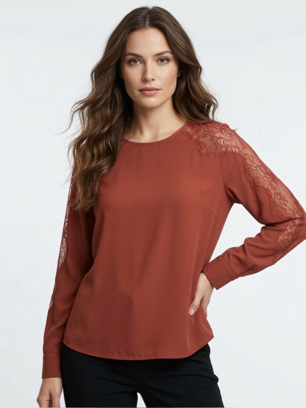 NWOT Womens Chelsea28 Rust Lace Back Button Blouse Medium Lace Inset Blouse